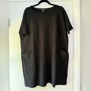 Eileen Fisher Black Short Sleeve Stretch Crepe Shift Dress Side Pockets Medium